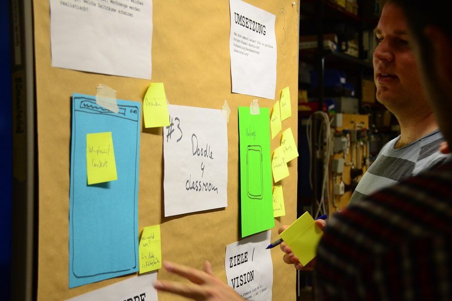 A planning wall of brown paper covered with hand drawn app screens and sticky notes, one person adding a note to it